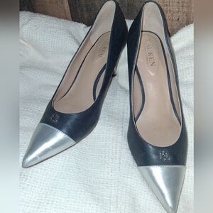Ralph Lauren Lanette Two-Tone Nappa Leather Pumps Heels Navy Silver 7.5B